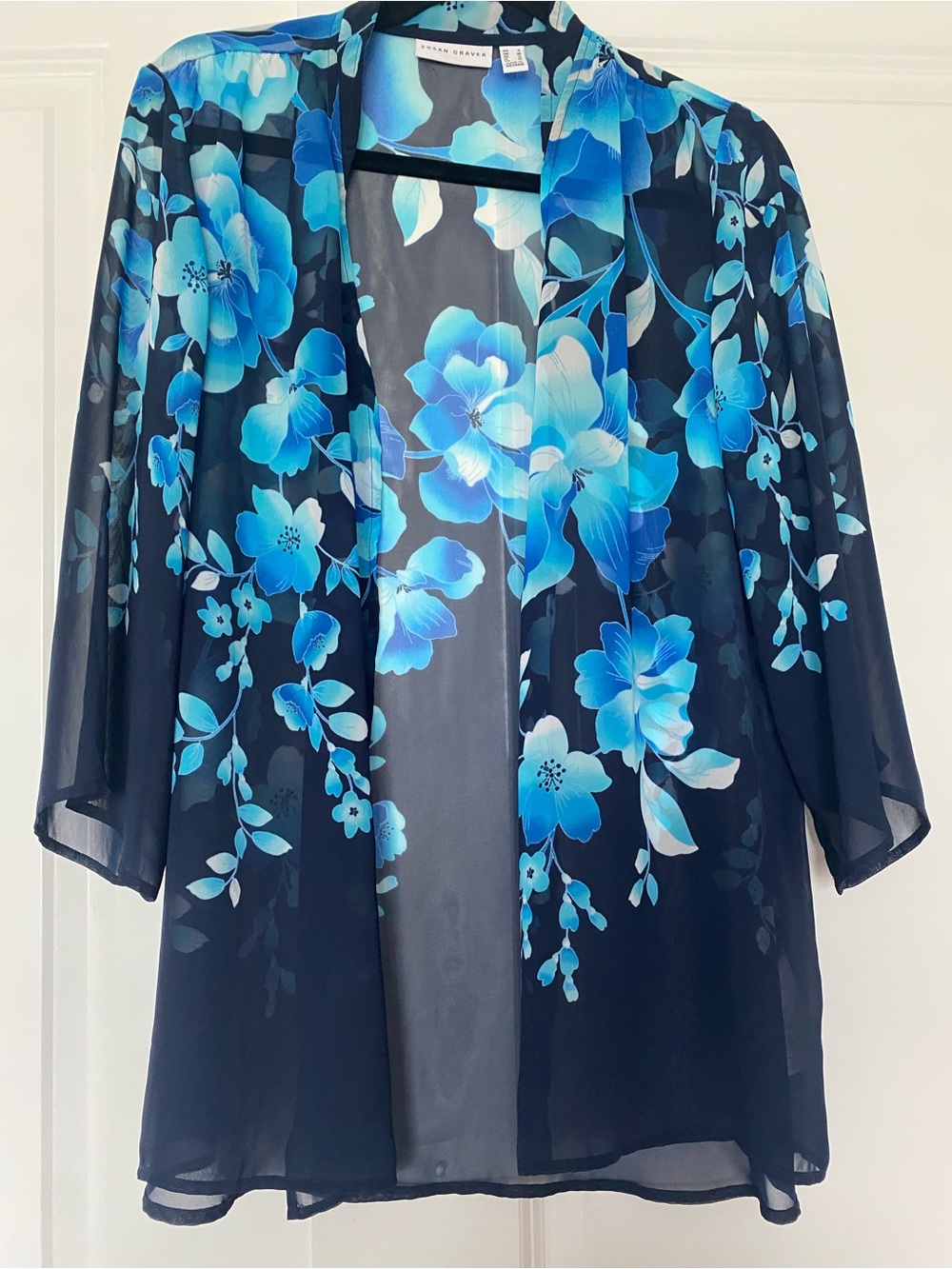 Susan Graver Navy Sheer Floral Kimono with Blue Blossom Print